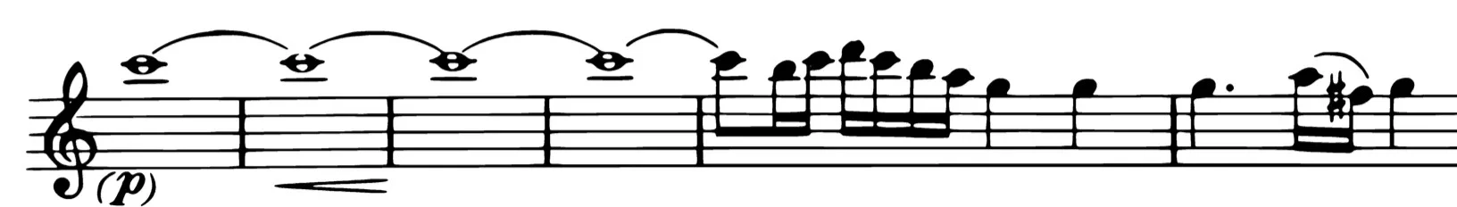 The oboe part of Mozart's Oboe Concerto: a high C held as four whole notes tied across three barlines into an eighth note, followed by a run of eighths and sixteenths.